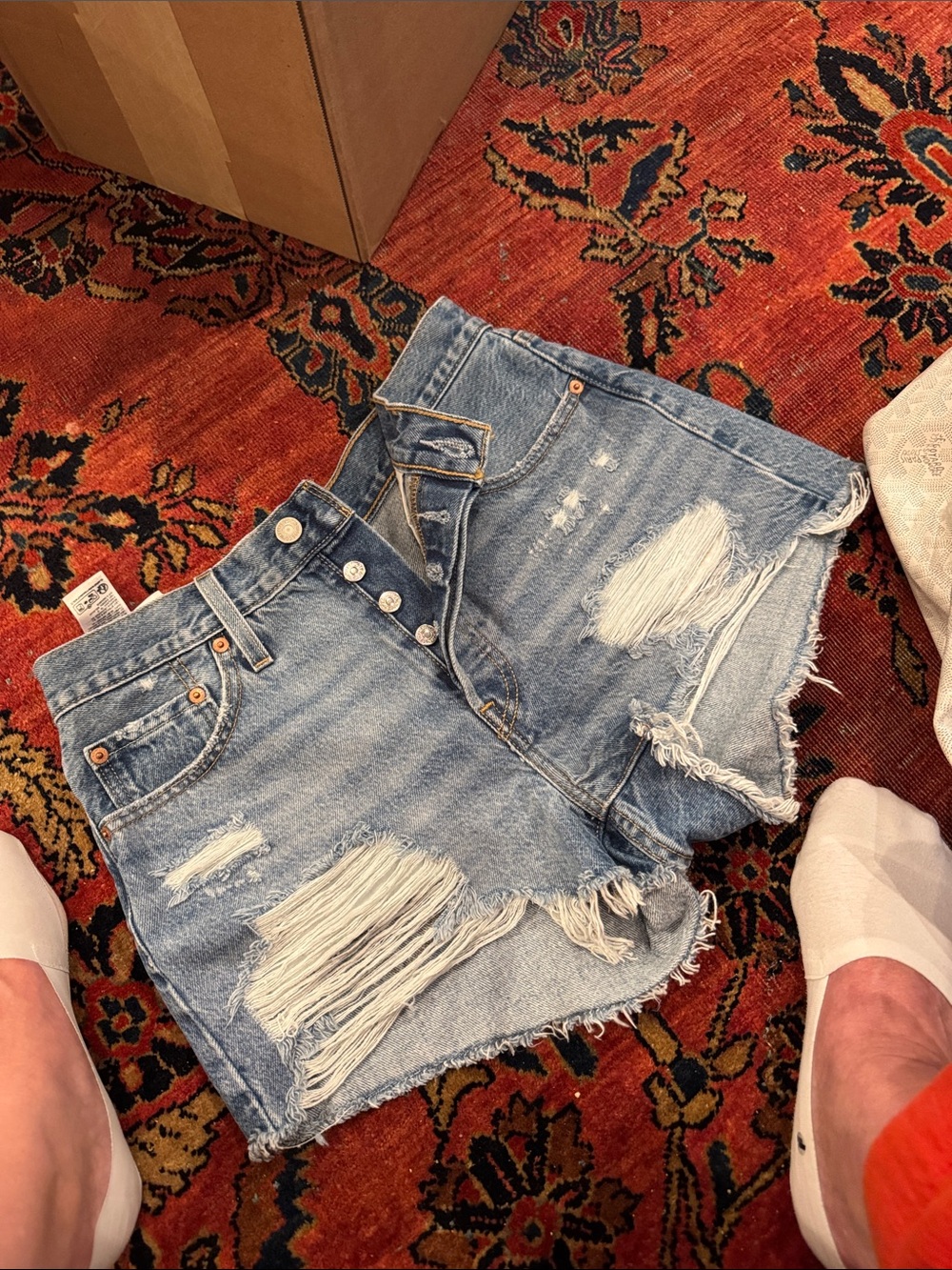 Levi Light Blue Distressed High-Rise Denim Shorts